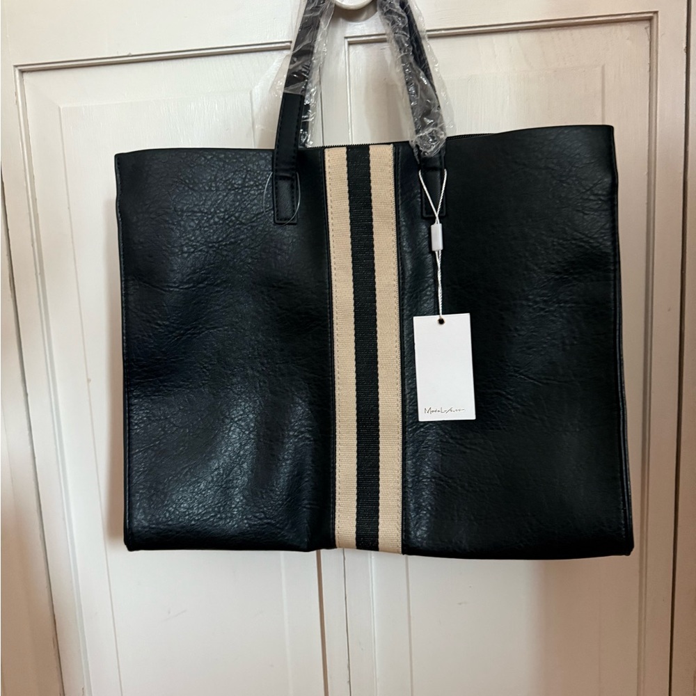 Moda Luxe, Julian Black Faux Leather Tote Bag with Stripe